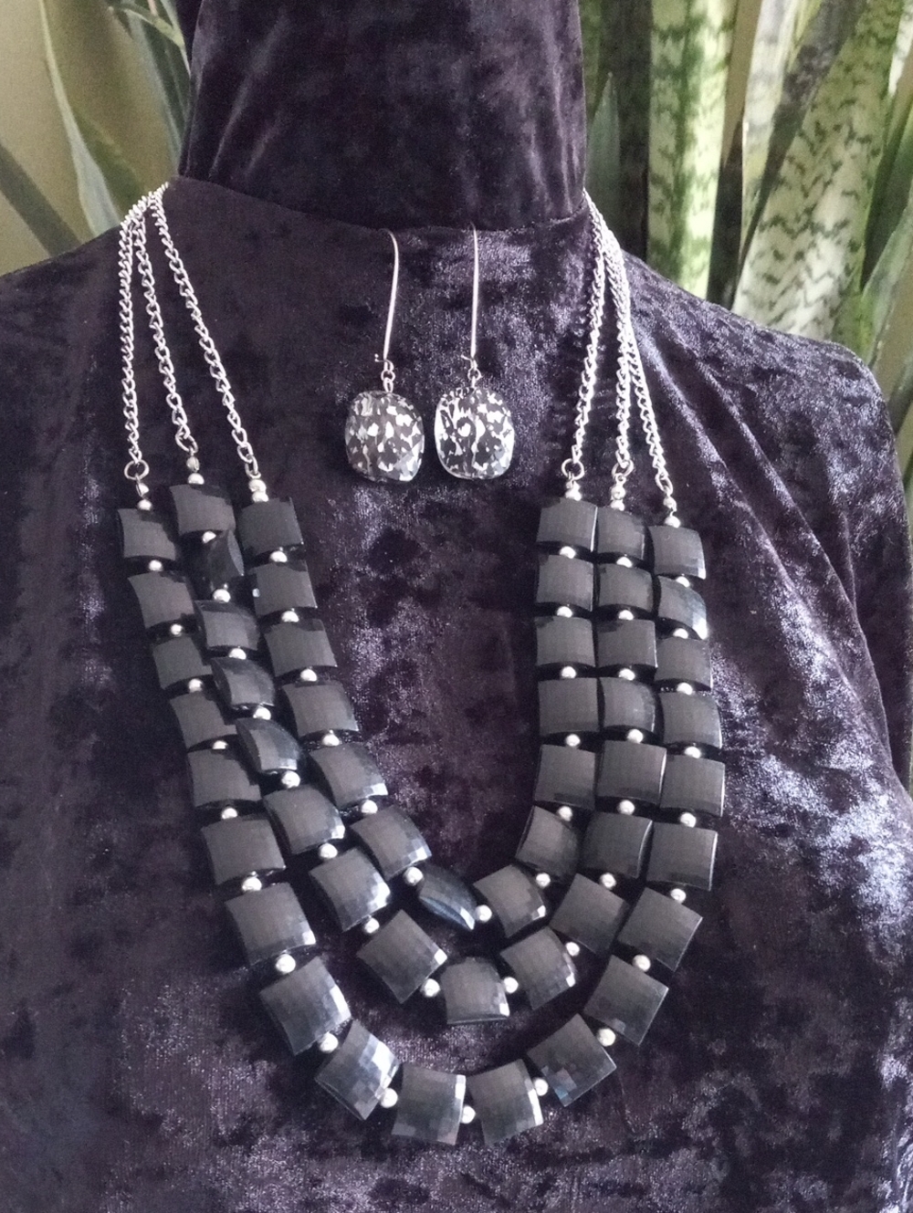 Triple Strand Black Statement Necklace with Silver Accents